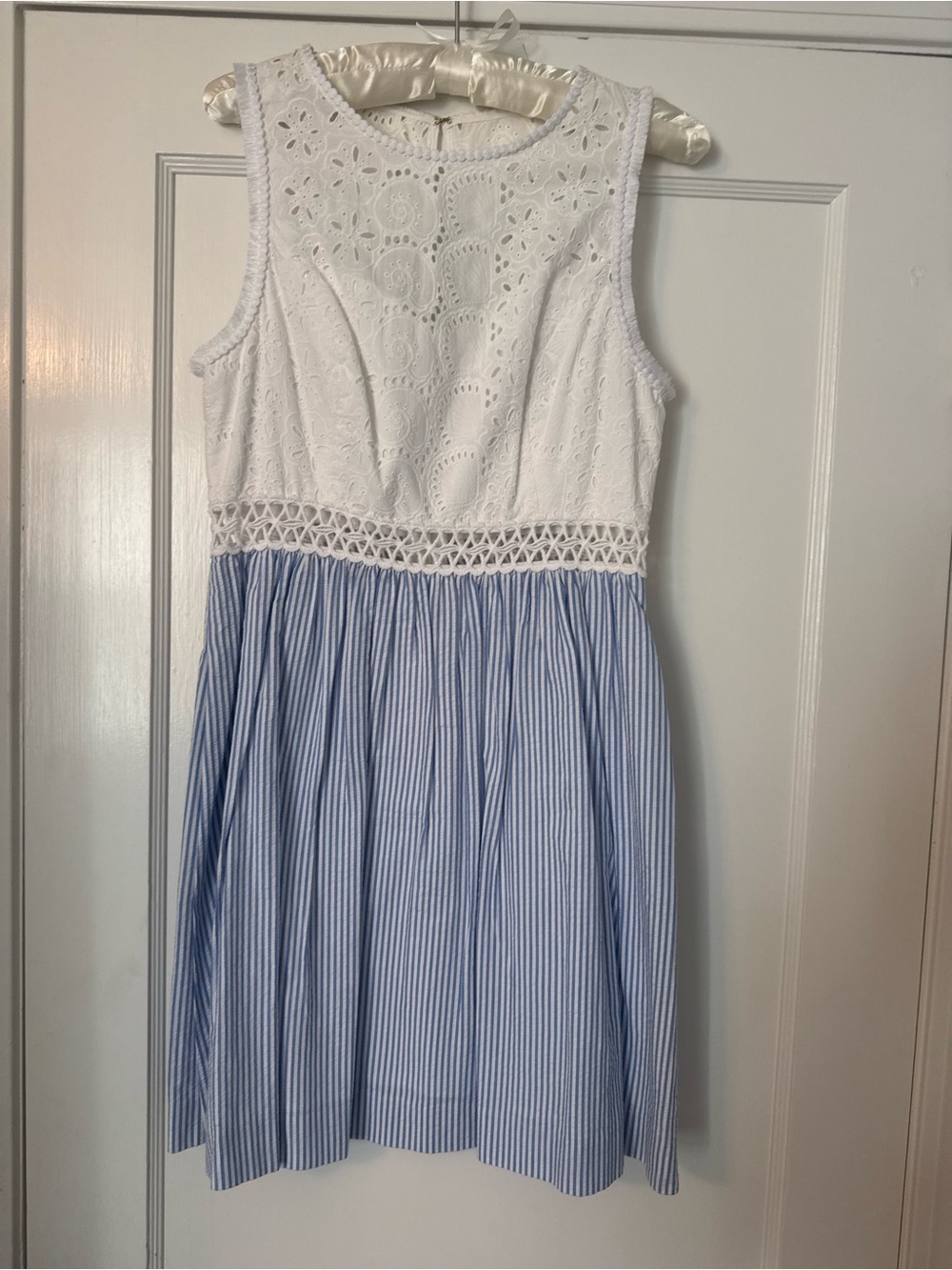 Lilly Pulitzer White Eyelet Bodice with Blue Pinstripe Skirt Mini Dress